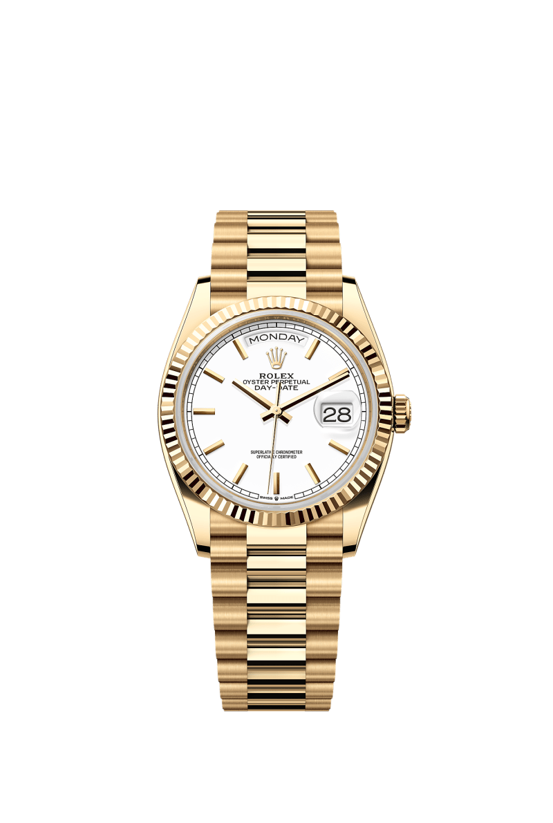 ROLEX DAY-DATE 36MM YELLOW GOLD WHITE INDEX DIAL FLUTED BEZEL PRESIDENT BRACELET 128238