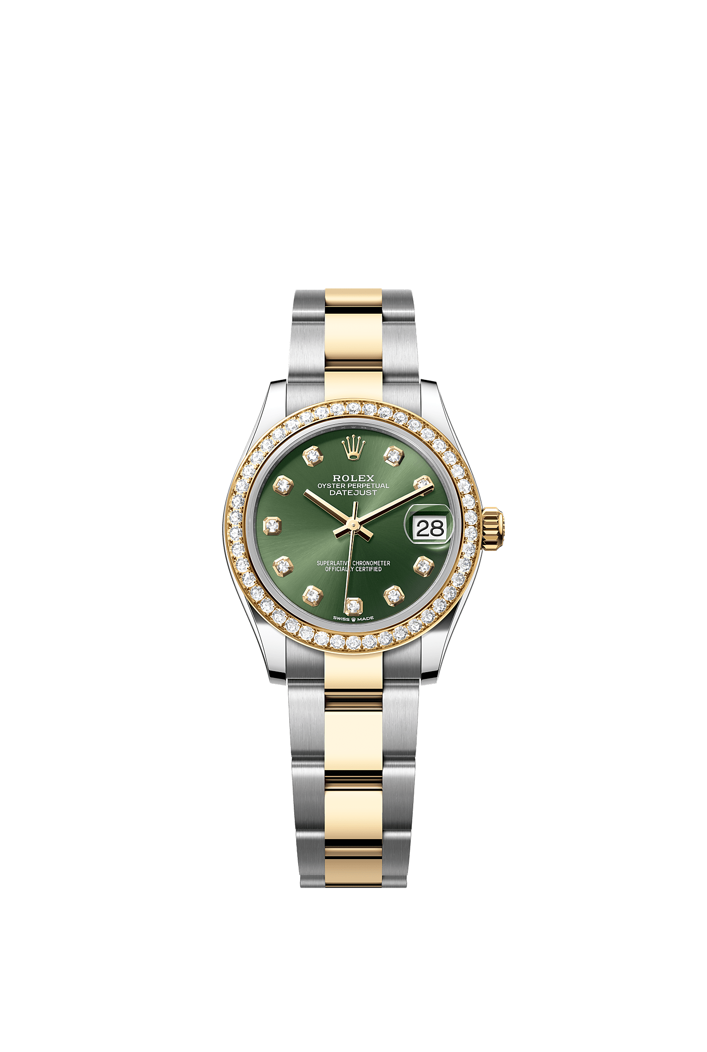 ROLEX LADY-DATEJUST 31MM TWO-TONE YELLOW GOLD GREEN DIAL DIAMOND BEZEL OYSTER BRACELET 278383RBR