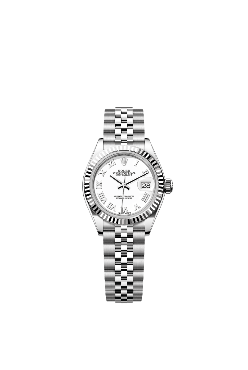 ROLEX LADY-DATEJUST 28MM WHITE ROMAN DIAL FLUTED BEZEL JUBILEE BRACELET 279174
