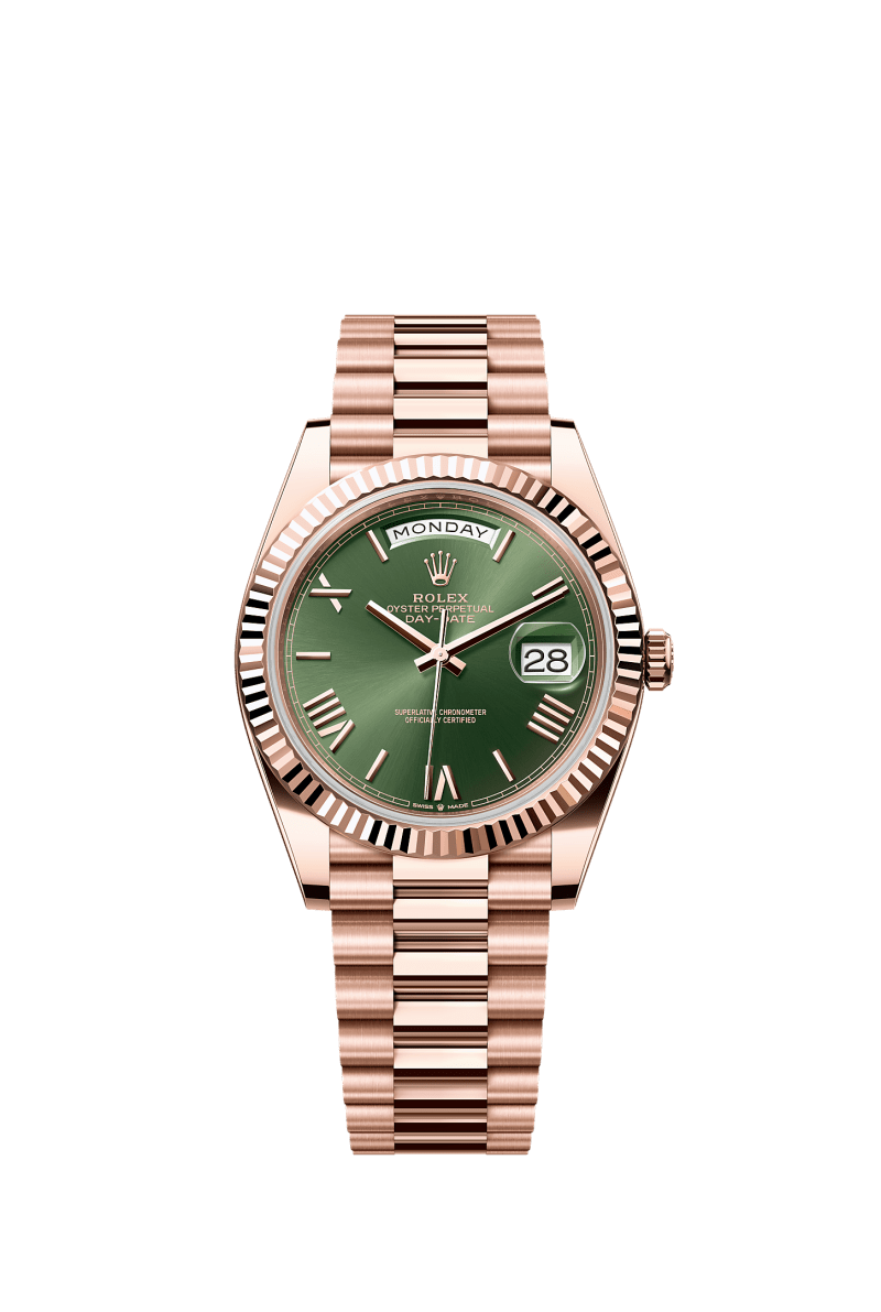 ROLEX DAY-DATE 40MM EVEROSE GOLD OLIVE GREEN ROMAN DIAL FLUTED BEZEL PRESIDENT BRACELET 228235