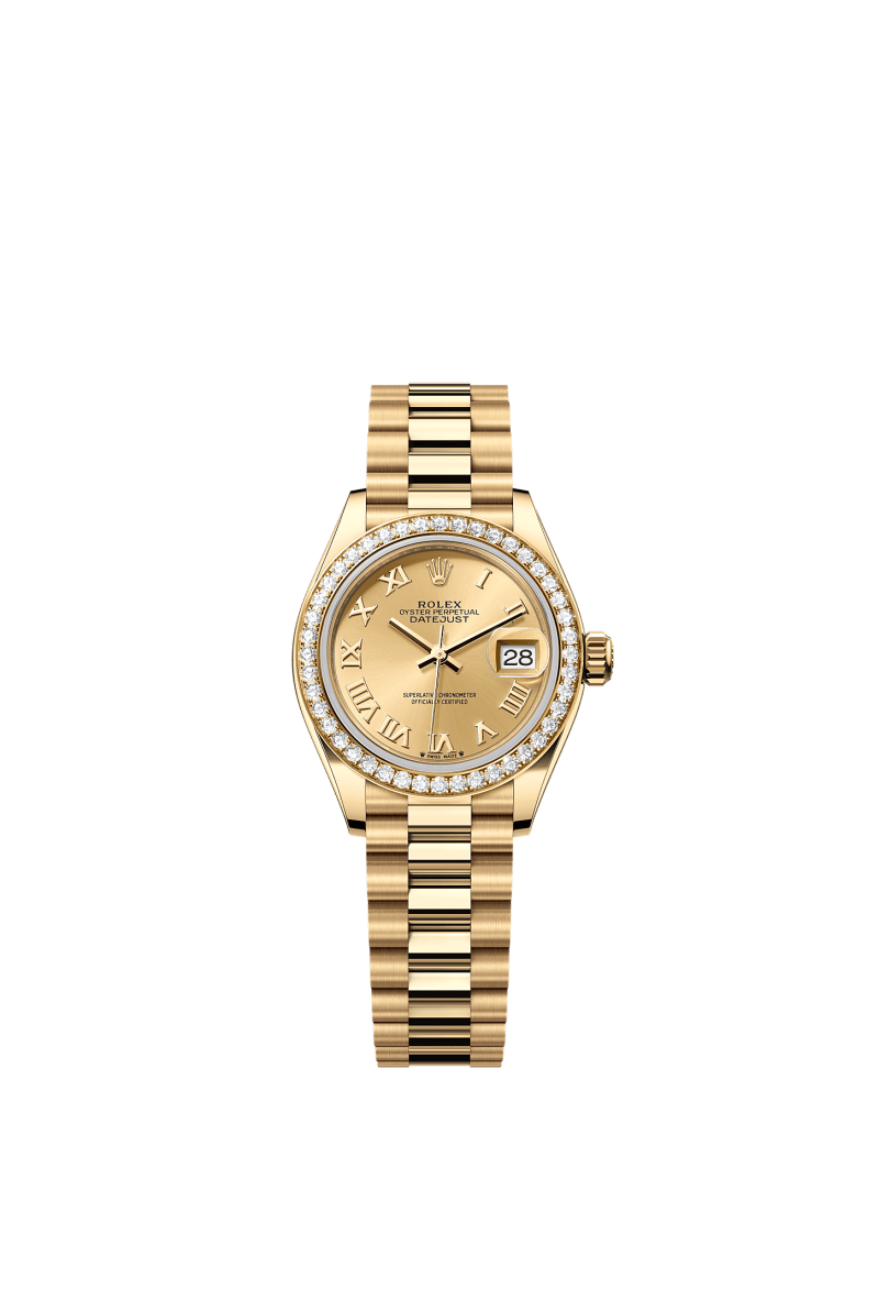 ROLEX LADY-DATEJUST 28MM YELLOW GOLD CHAMPAGNE ROMAN DIAL DIAMOND-SET BEZEL PRESIDENT BRACELET 279138RBR
