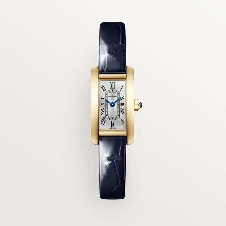 CARTIER TANK AMERICAINE 18K YELLOW GOLD SILVERED SUNRAY DIAL NAVY BLUE ALLIGATOR STRAP WGTA0353