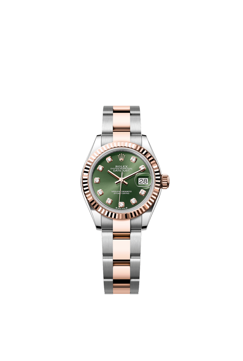ROLEX LADY-DATEJUST 28MM TWO-TONE EVEROSE GOLD OLIVE GREEN DIAMOND DIAL FLUTED BEZEL OYSTER BRACELET 279171
