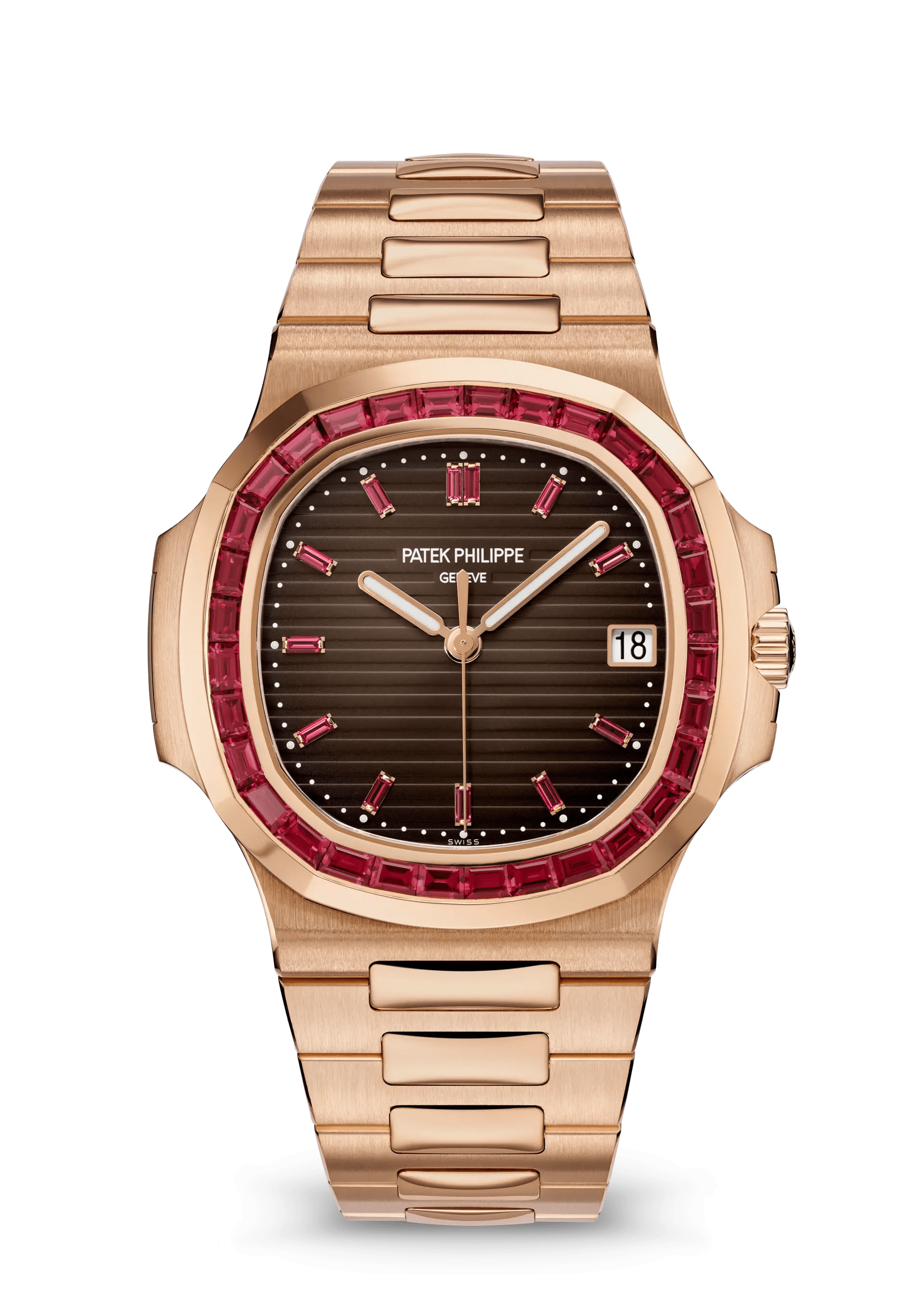 PATEK PHILIPPE NAUTILUS JOAILLERIE 40MM ROSE GOLD BROWN DIAL RUBY BEZEL – 5723/112R-001