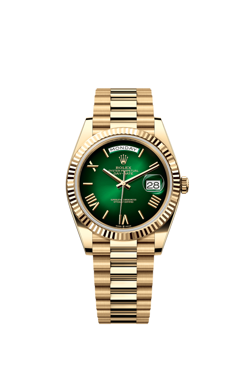 ROLEX DAY-DATE 40MM YELLOW GOLD GREEN ROMAN OMBRE DIAL FLUTED BEZEL PRESIDENT BRACELET 228238