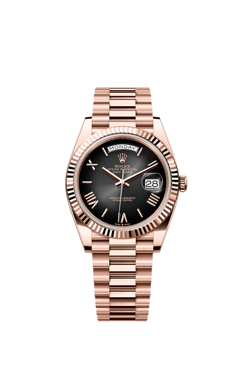 ROLEX DAY-DATE 40MM EVEROSE GOLD SLATE ROMAN OMBRE "SMOKE" DIAL FLUTED BEZEL PRESIDENT BRACELET 228235