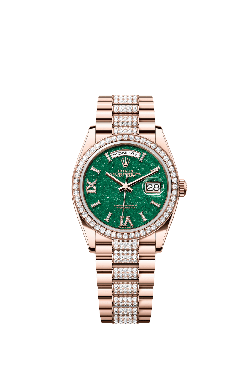 ROLEX DAY-DATE 36MM EVEROSE GOLD GREEN AVENTURINE ROMAN DIAMOND DIAL DIAMOND BEZEL DIAMOND-SET PRESIDENT BRACELET 128345RBR