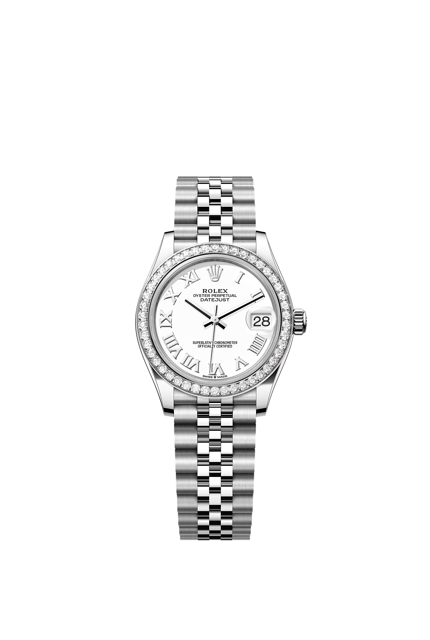 ROLEX LADY-DATEJUST 31MM WHITE ROMAN DIAL DIAMOND BEZEL JUBILEE BRACELET 278384RBR