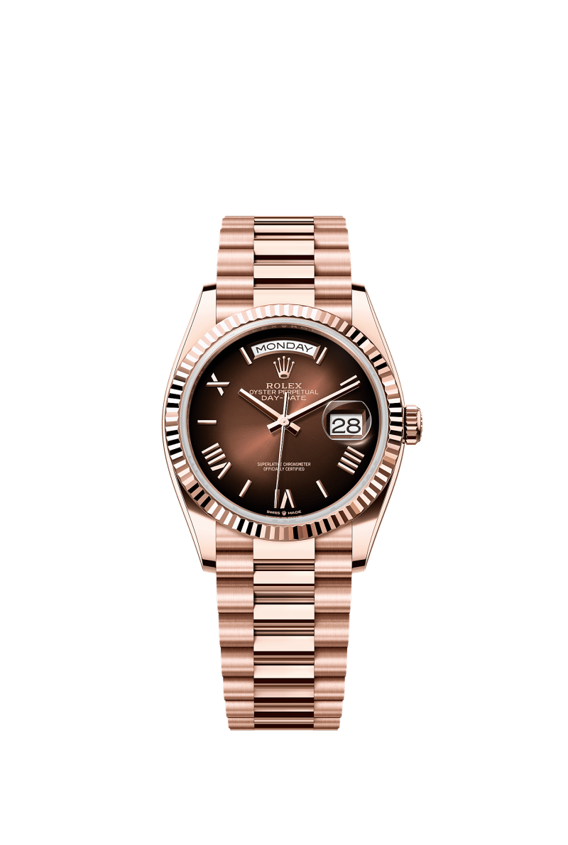 ROLEX DAY-DATE 36MM EVEROSE GOLD BROWN OMBRE ROMAN DIAL FLUTED BEZEL PRESIDENT BRACELET 128235