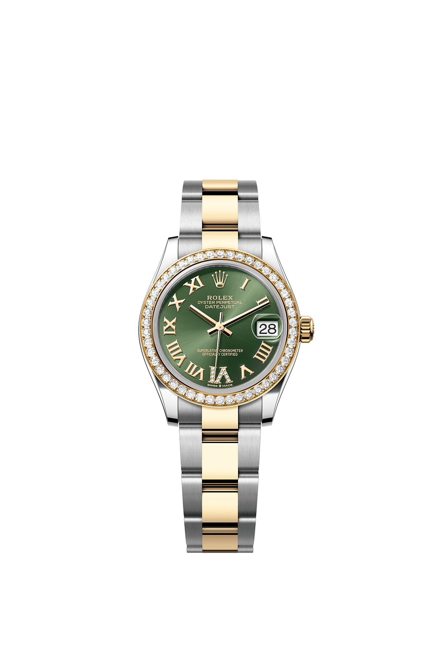ROLEX LADY-DATEJUST 31MM TWO-TONE YELLOW GOLD GREEN ROMAN DIAMOND DIAL DIAMOND BEZEL OYSTER BRACELET 278383RBR