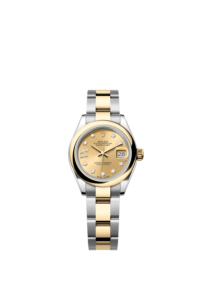 ROLEX LADY-DATEJUST 28MM TWO-TONE YELLOW GOLD CHAMPAGNE STAR DIAMOND DIAL DOMED BEZEL OYSTER BRACELET 279163