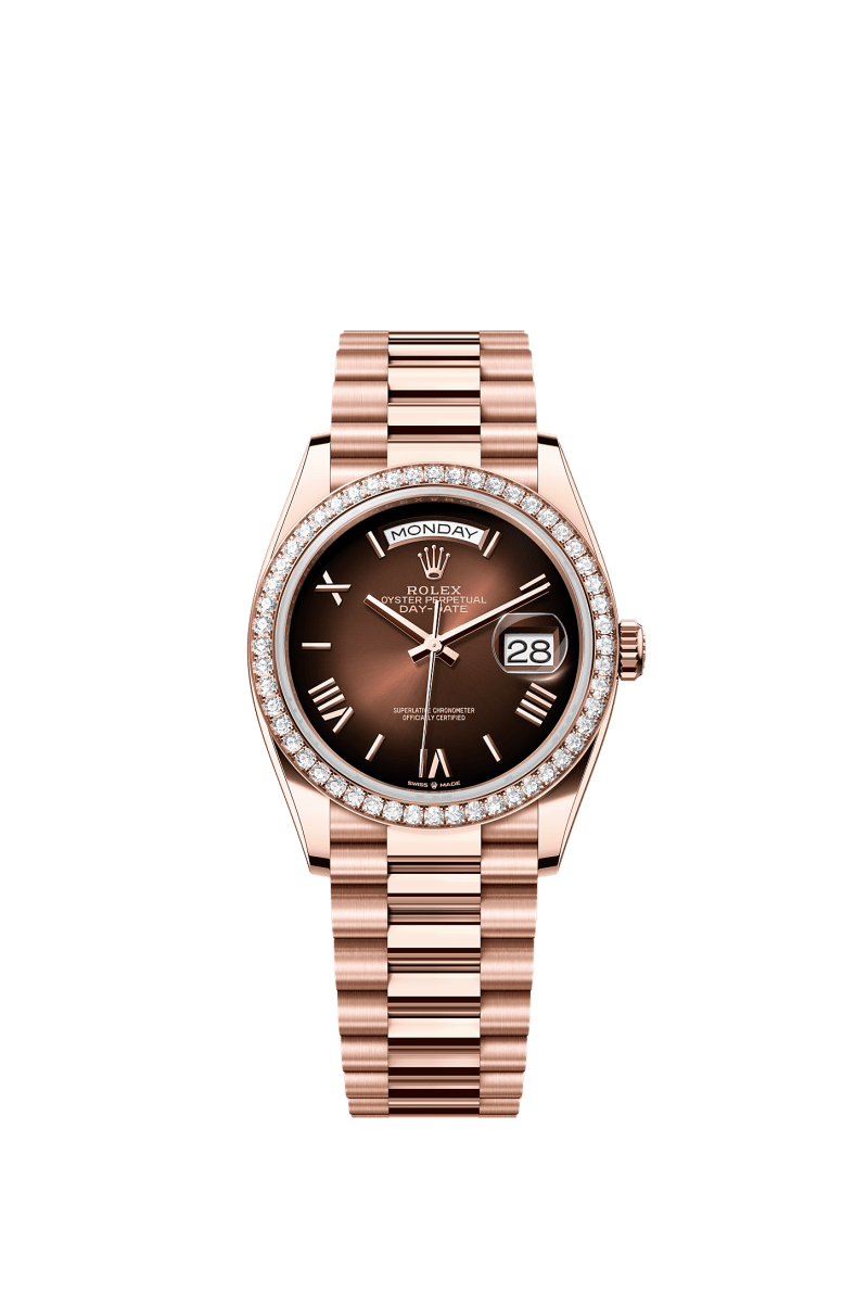 ROLEX DAY-DATE 36MM EVEROSE GOLD BROWN OMBRE ROMAN DIAL DIAMOND BEZEL PRESIDENT BRACELET 128345RBR