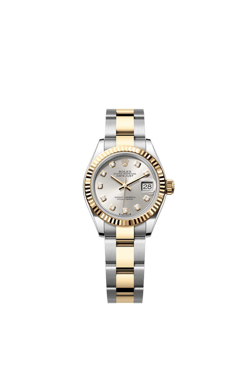 ROLEX LADY-DATEJUST 28MM TWO-TONE YELLOW GOLD SILVER DIAMOND DIAL FLUTED BEZEL OYSTER BRACELET 279173