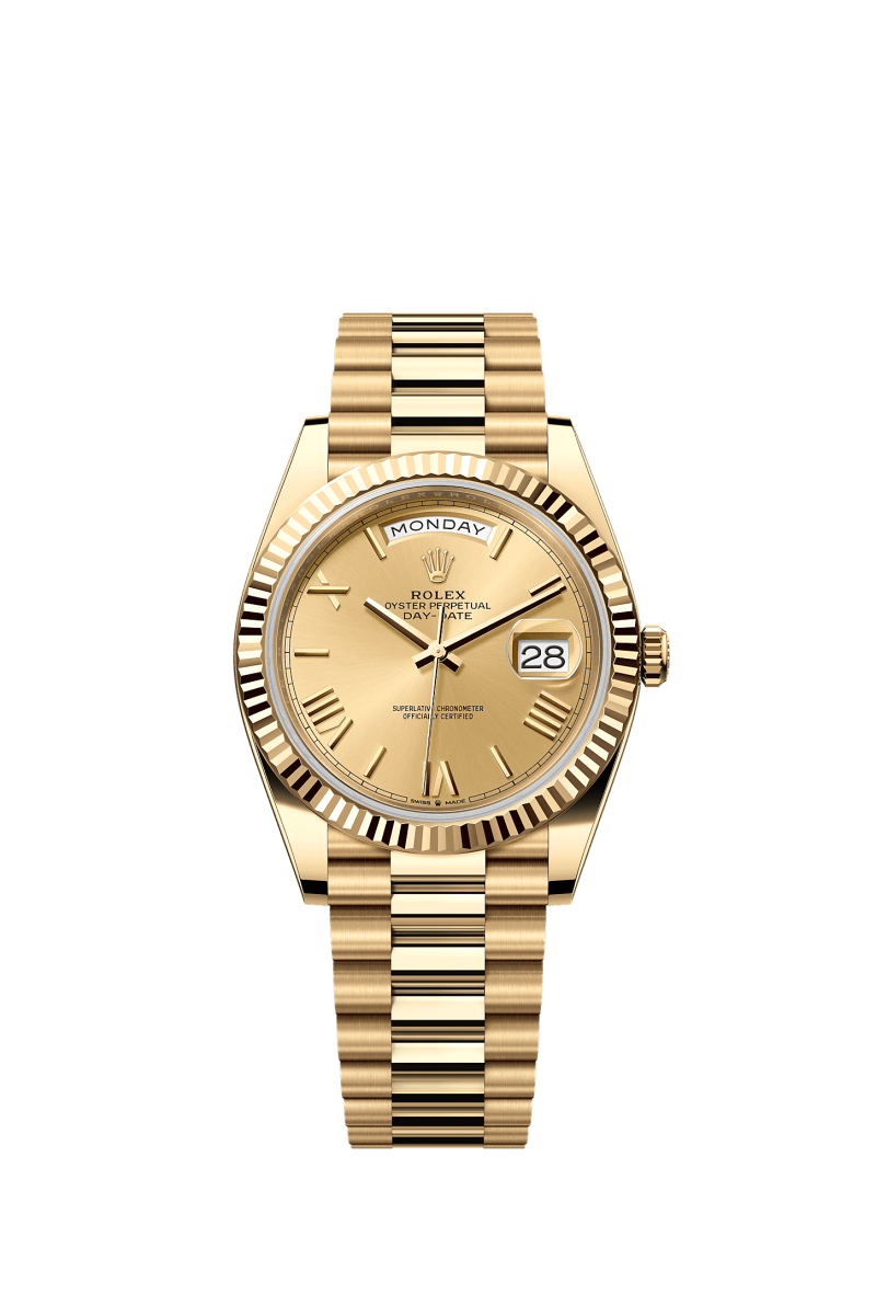 ROLEX DAY-DATE 40MM YELLOW GOLD CHAMPAGNE ROMAN NUMERAL DIAL FLUTED BEZEL PRESIDENT BRACELET 228238