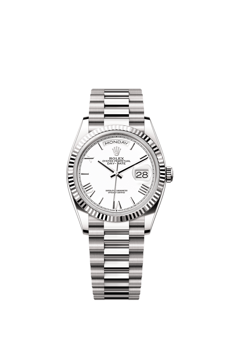 ROLEX DAY-DATE 36MM WHITE GOLD WHITE ROMAN DIAL FLUTED BEZEL PRESIDENT BRACELET 128239