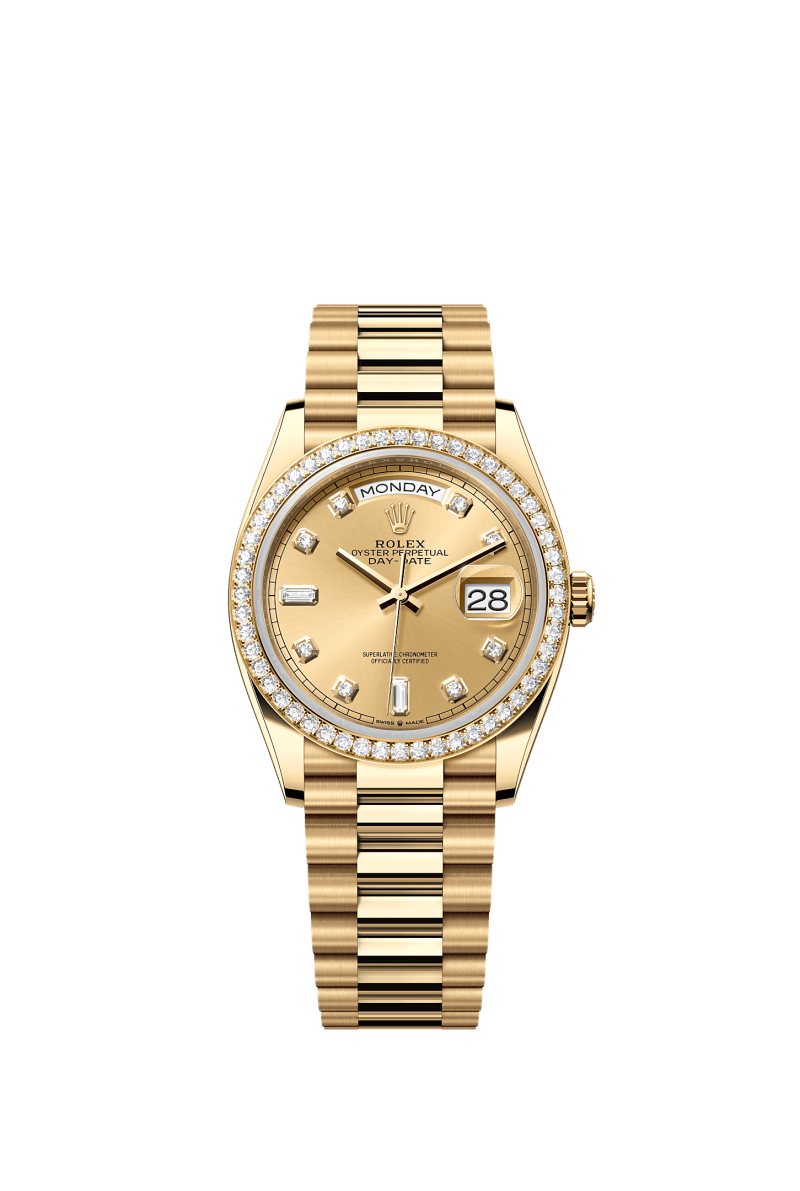 ROLEX DAY-DATE 36MM YELLOW GOLD CHAMPAGNE DIAMOND DIAL DIAMOND BEZEL PRESIDENT BRACELET 128348RBR