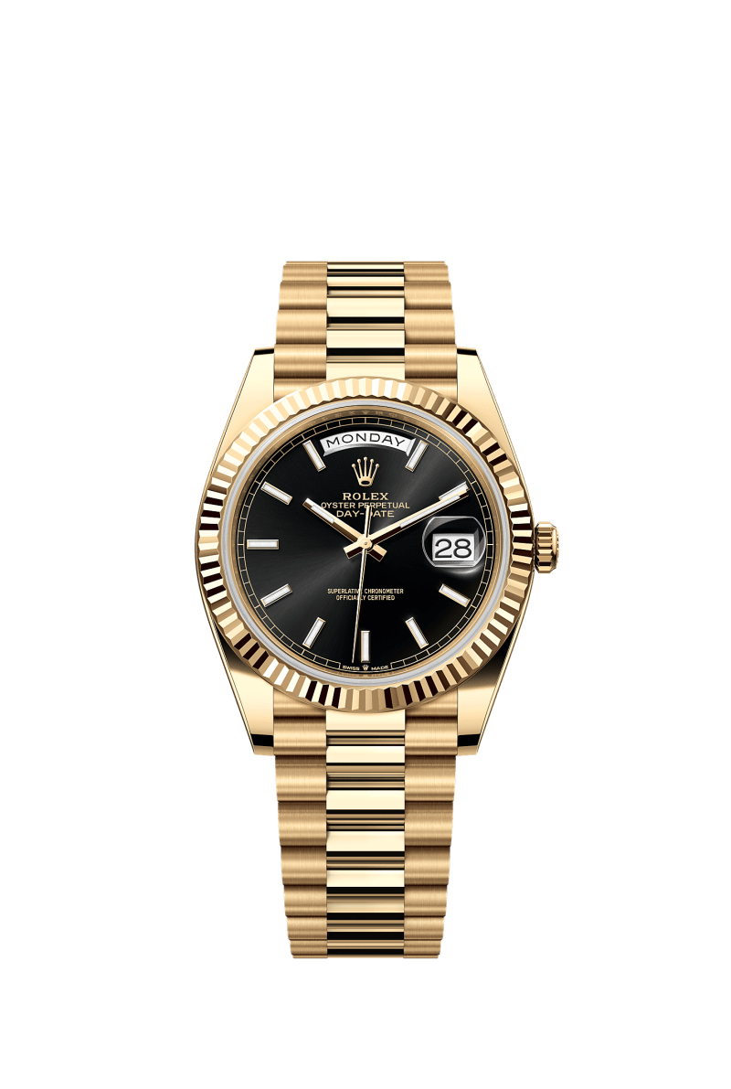 ROLEX DAY-DATE 40MM YELLOW GOLD BLACK INDEX DIAL FLUTED BEZEL PRESIDENT BRACELET 228238