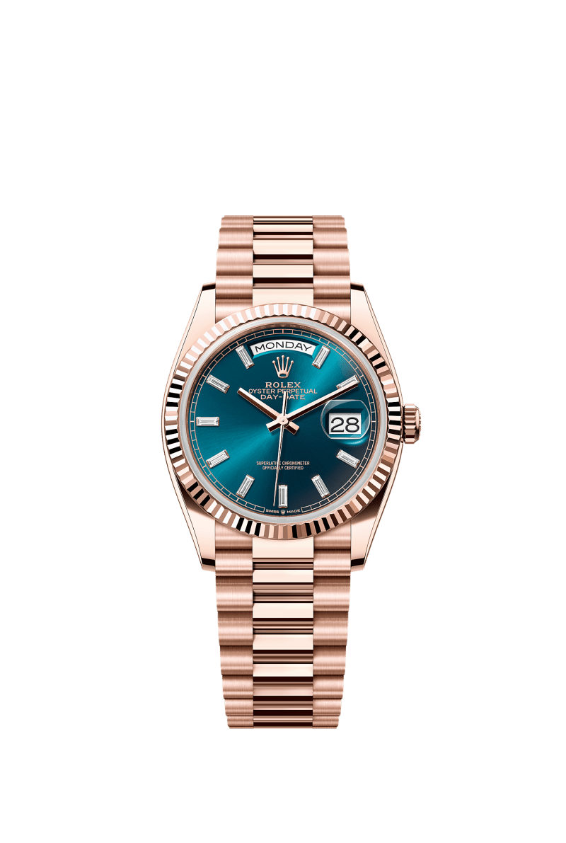 ROLEX DAY-DATE 36MM EVEROSE GOLD BLUE-GREEN DIAMOND BAGUETTE DIAL FLUTED BEZEL PRESIDENT BRACELET 128235