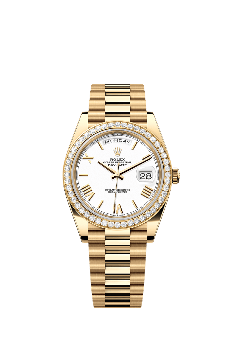 ROLEX DAY-DATE 40MM YELLOW GOLD WHITE ROMAN DIAL DIAMOND BEZEL PRESIDENT BRACELET 228348RBR