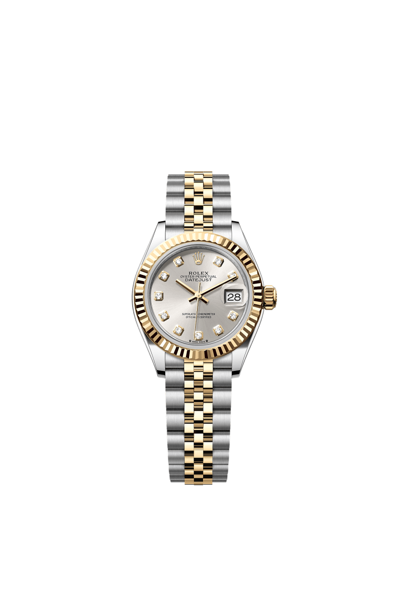 ROLEX LADY-DATEJUST 28MM TWO-TONE YELLOW GOLD SILVER DIAMOND DIAL FLUTED BEZEL JUBILEE BRACELET 279173