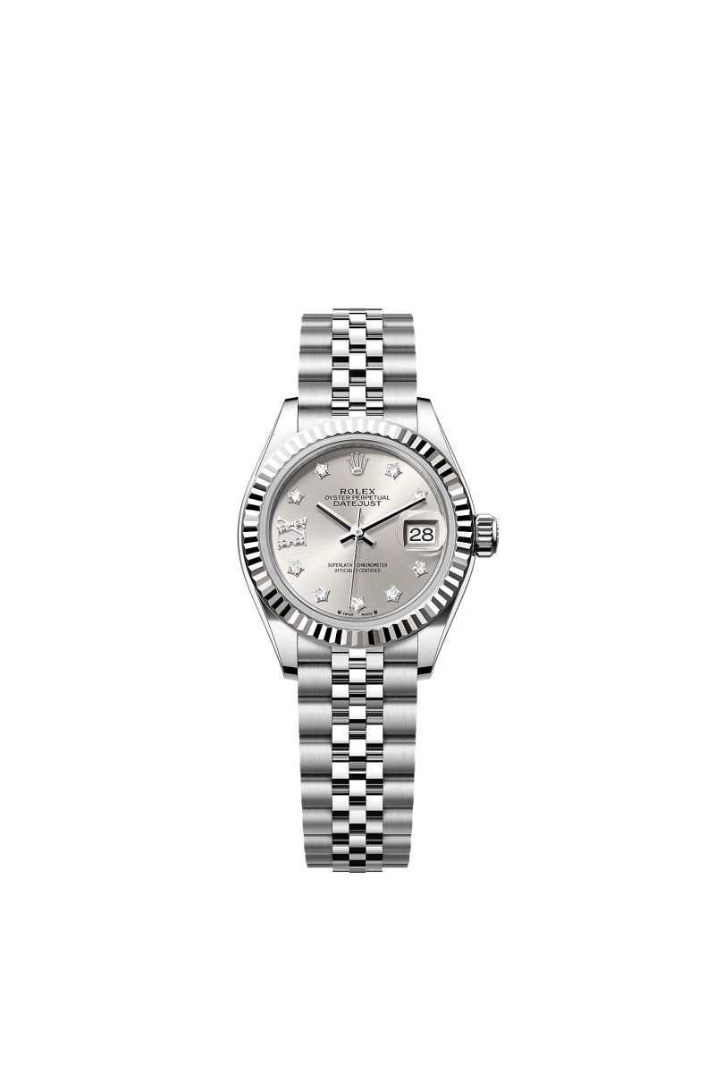 ROLEX LADY-DATEJUST 28MM SILVER STAR DIAMOND DIAL FLUTED BEZEL JUBILEE BRACELET 279174