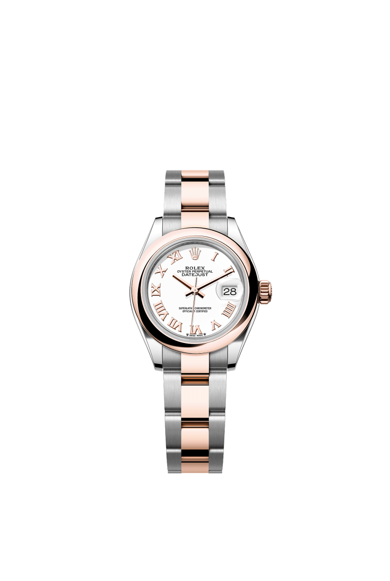 ROLEX LADY-DATEJUST 28MM TWO-TONE EVEROSE GOLD WHITE ROMAN DIAL DOMED BEZEL OYSTER BRACELET 279161