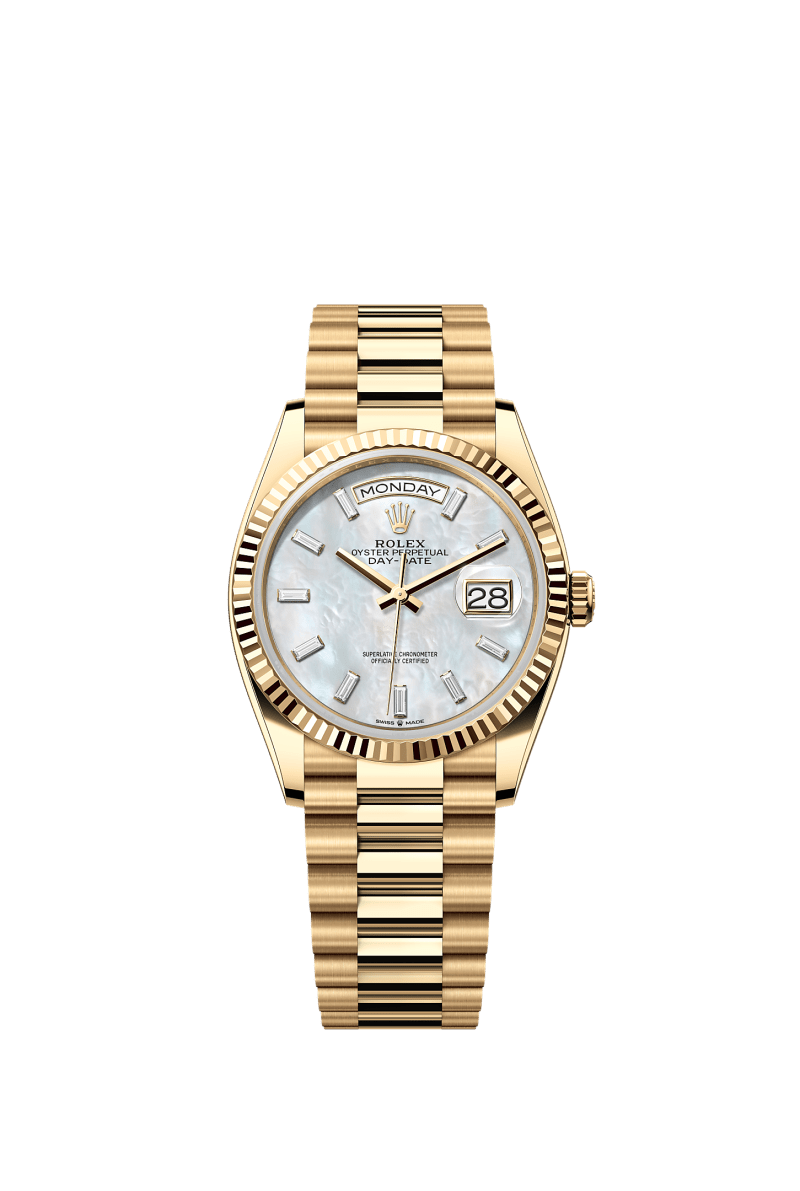 ROLEX DAY-DATE 36MM YELLOW GOLD MOTHER OF PEARL DIAMOND BAGUETTE DIAL FLUTED BEZEL PRESIDENT BRACELET 128238