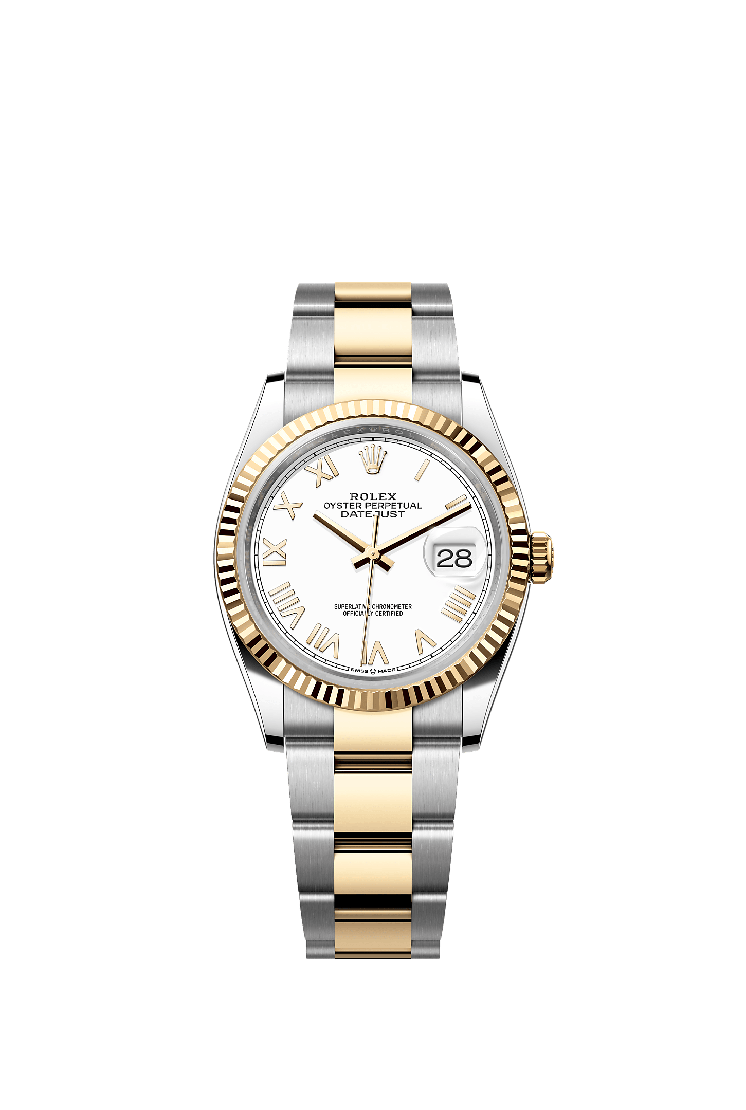 ROLEX DATEJUST 36MM TWO-TONE YELLOW GOLD WHITE ROMAN DIAL FLUTED BEZEL OYSTER BRACELET 126233