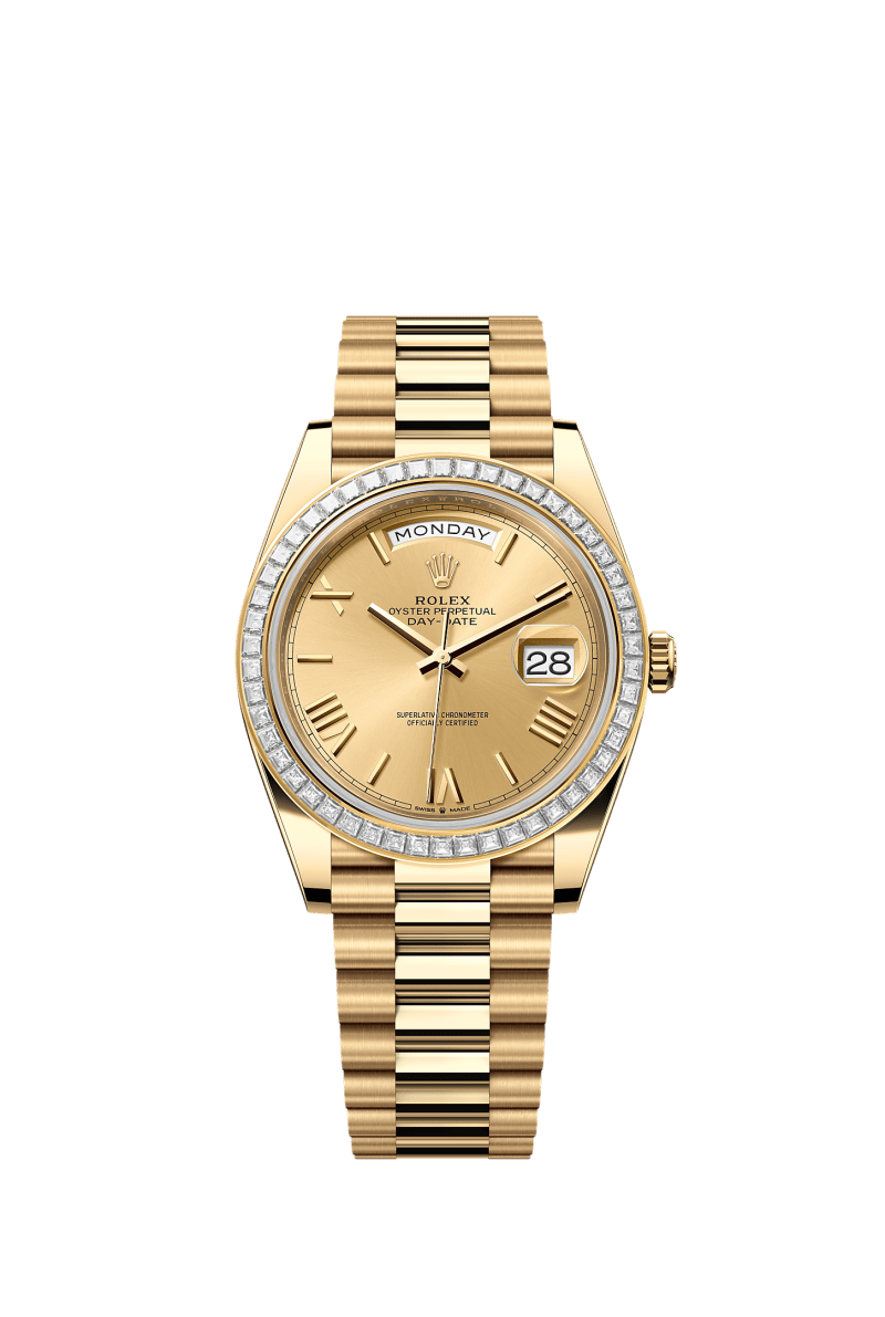 ROLEX DAY-DATE 40MM YELLOW GOLD CHAMPAGNE ROMAN NUMERAL DIAL TRAPEZE DIAMOND BEZEL PRESIDENT BRACELET 228398TBR