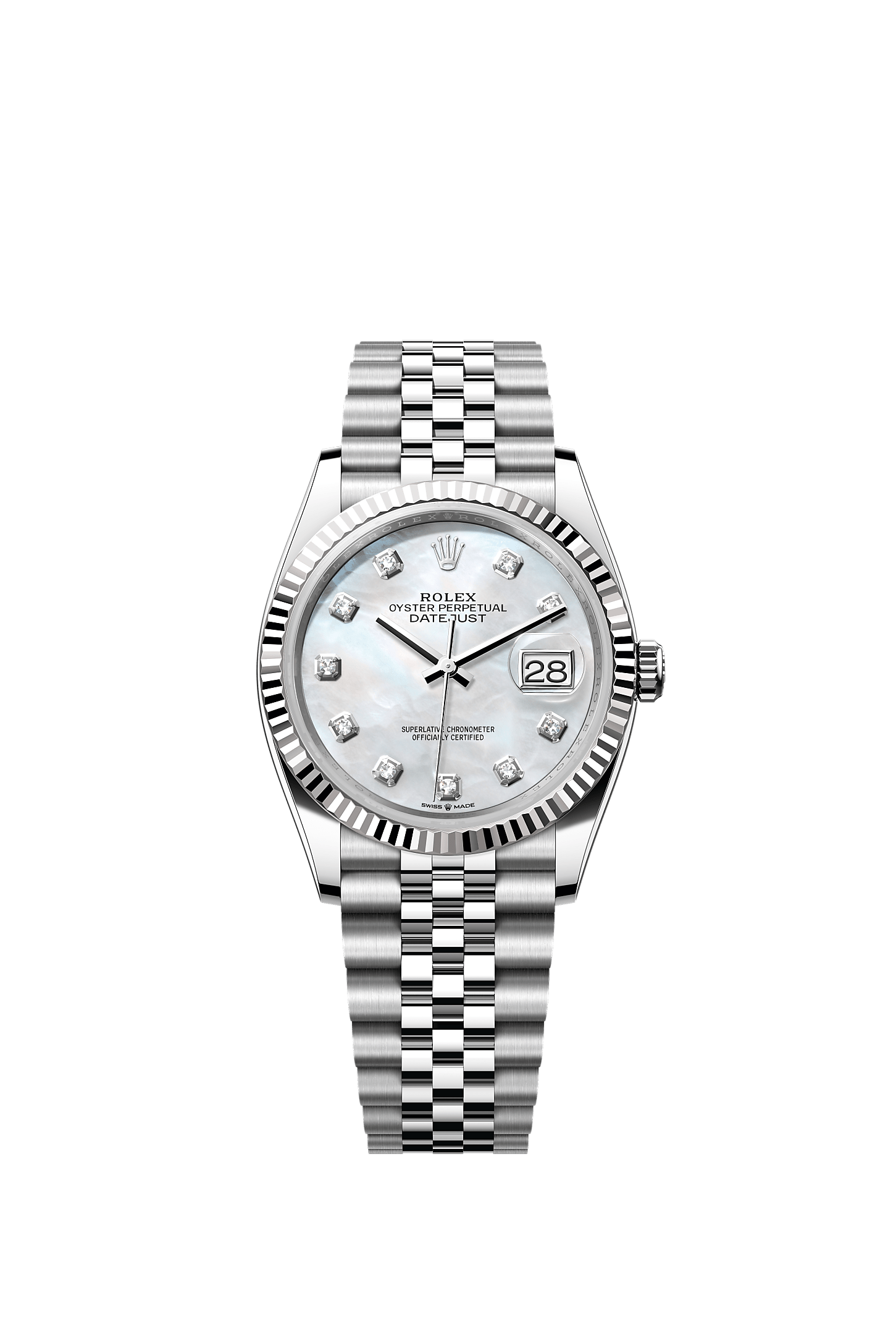 ROLEX DATEJUST 36MM MOTHER OF PEARL DIAMOND DIAL FLUTED BEZEL JUBILEE BRACELET 126234