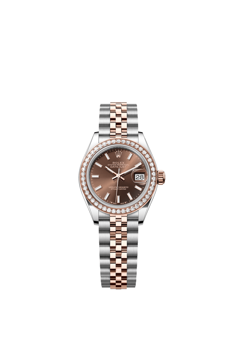ROLEX LADY-DATEJUST 28MM TWO-TONE EVEROSE GOLD CHOCOLATE INDEX DIAL DIAMOND-SET BEZEL JUBILEE BRACELET 279381RBR