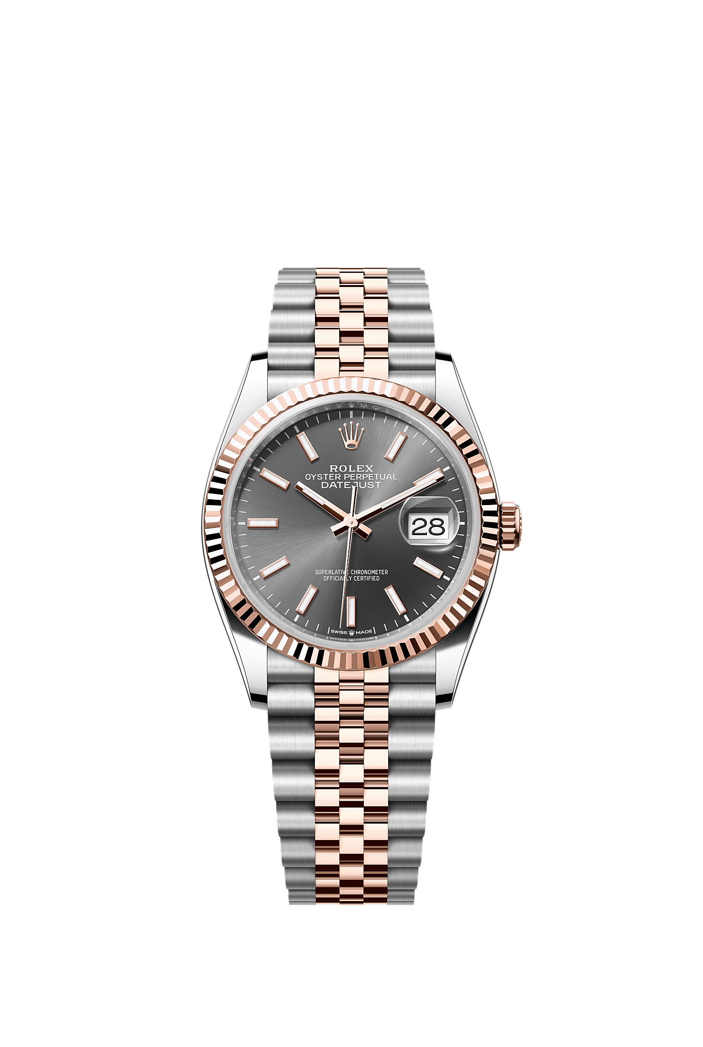 ROLEX DATEJUST 36MM TWO-TONE EVEROSE GOLD SLATE INDEX DIAL FLUTED BEZEL JUBILEE BRACELET 126231