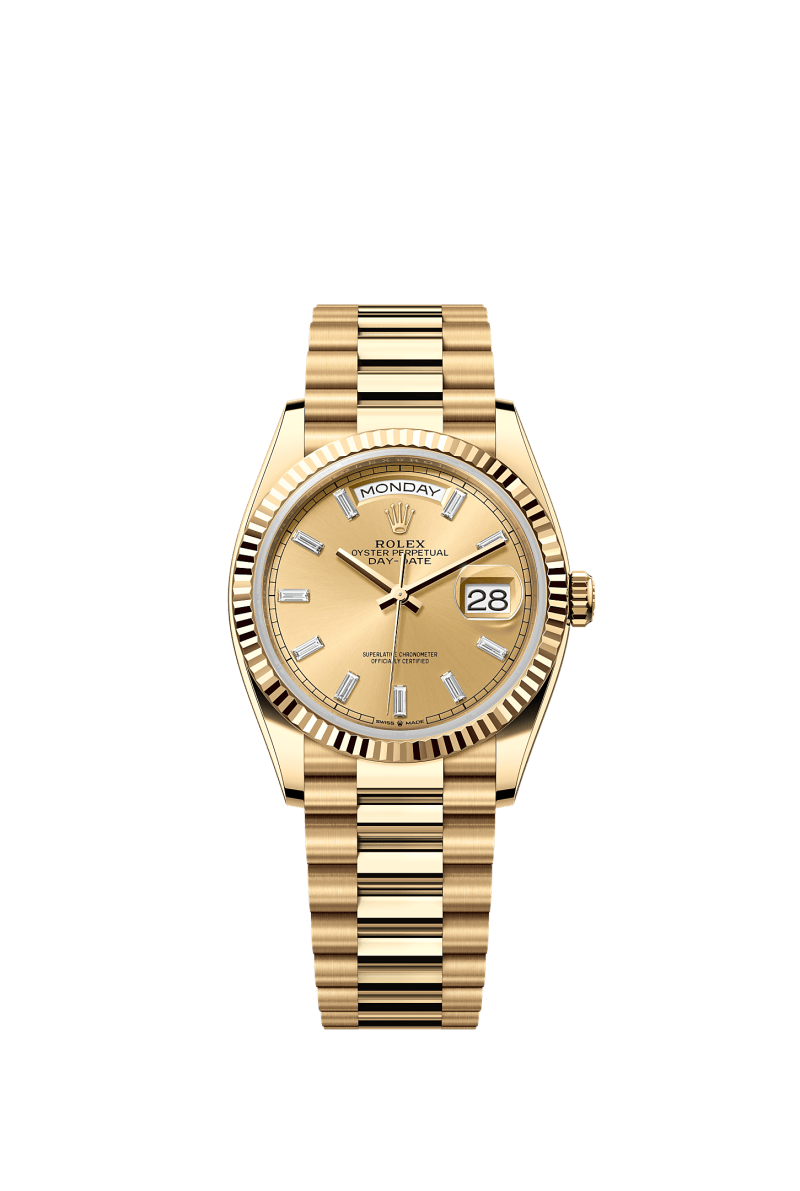 ROLEX DAY-DATE 36MM YELLOW GOLD CHAMPAGNE DIAMOND BAGUETTE DIAL FLUTED BEZEL PRESIDENT BRACELET 128238