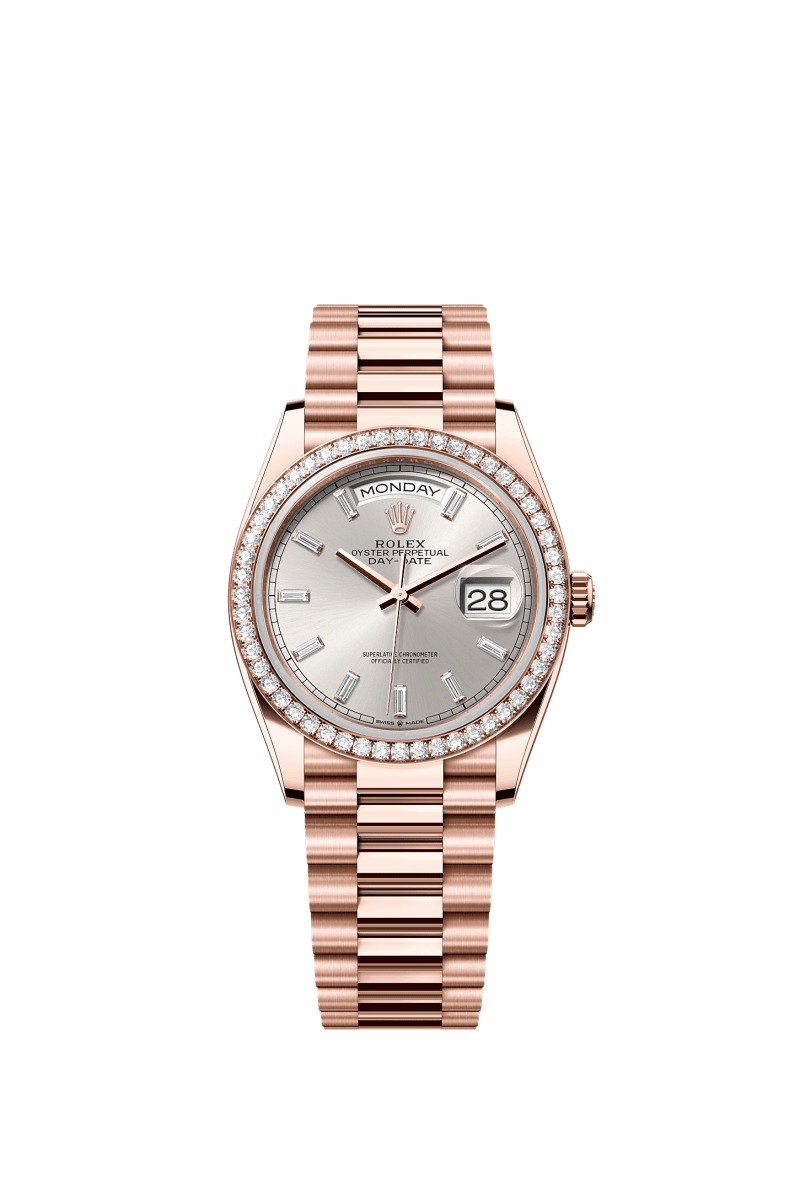 ROLEX DAY-DATE 36MM EVEROSE GOLD SILVER DIAMOND BAGUETTE DIAL DIAMOND BEZEL PRESIDENT BRACELET 128345RBR