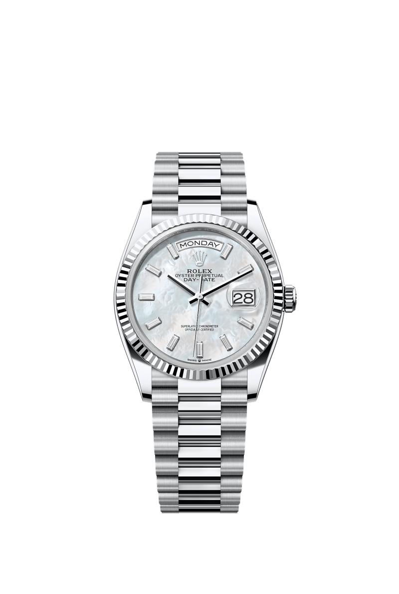 ROLEX DAY-DATE 36MM PLATINUM MOTHER OF PEARL DIAMOND BAGUETTE DIAL FLUTED BEZEL PRESIDENT BRACELET 128236