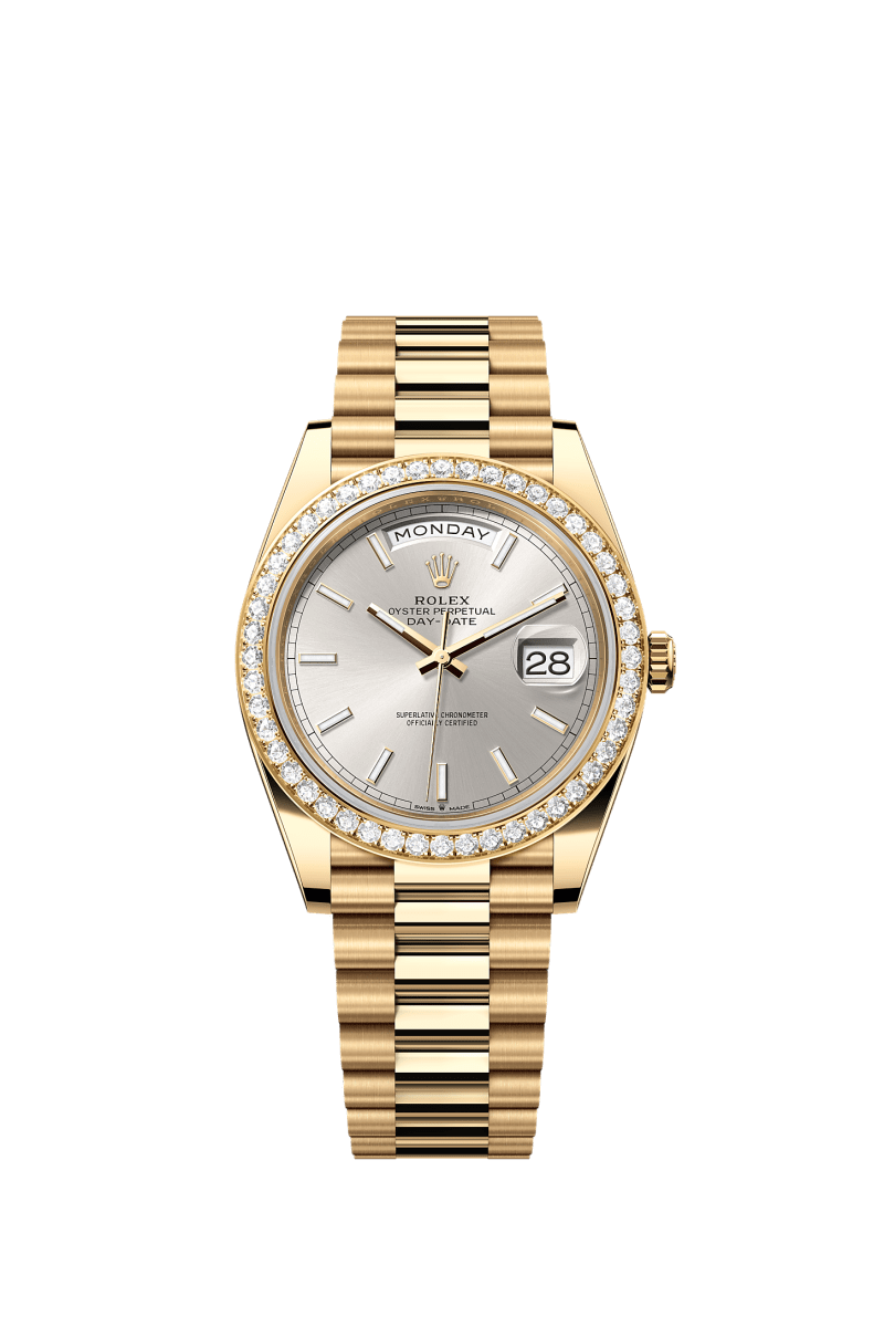 ROLEX DAY-DATE 40MM YELLOW GOLD SILVER INDEX DIAL DIAMOND BEZEL PRESIDENT BRACELET 228348RBR