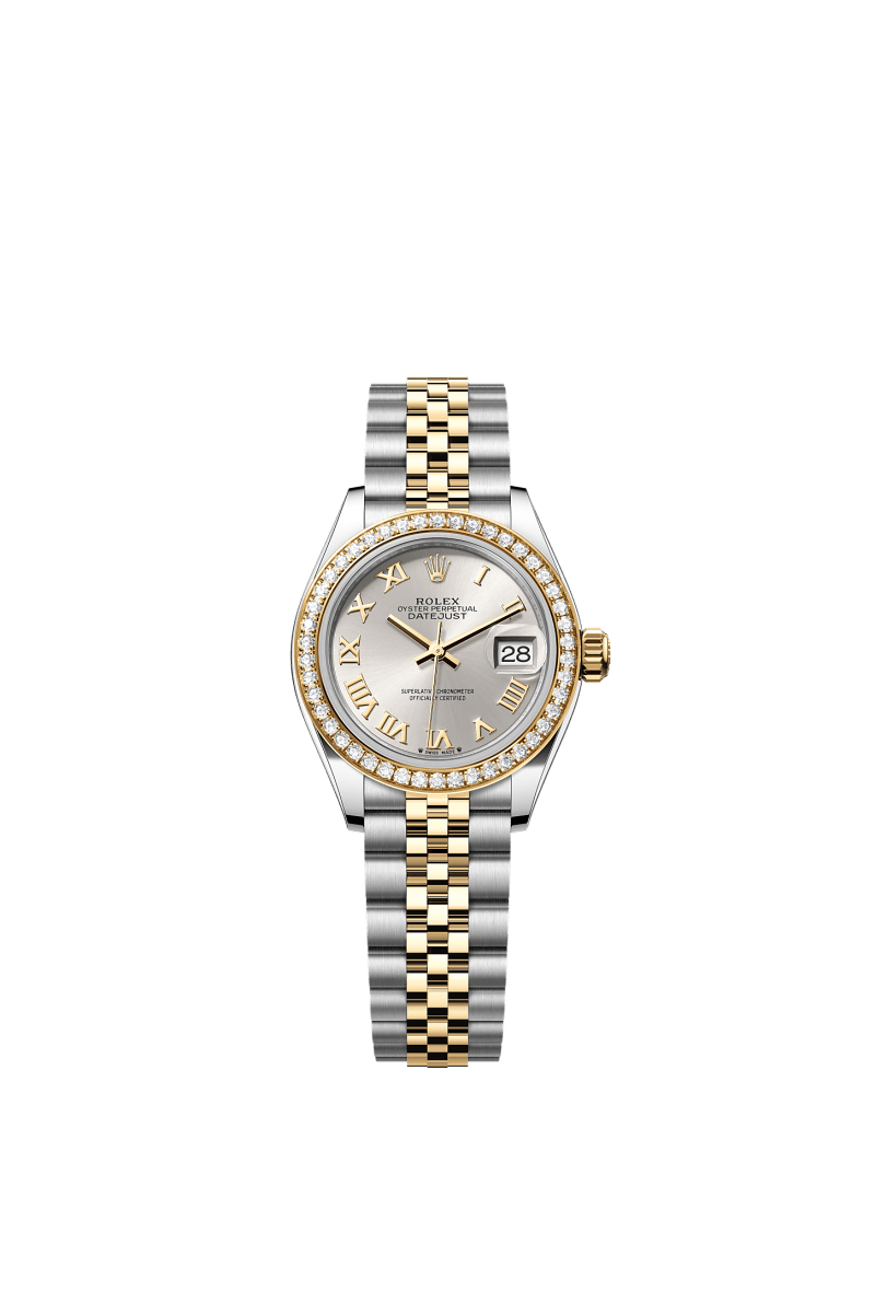 ROLEX LADY-DATEJUST 28MM TWO-TONE YELLOW GOLD SILVER ROMAN DIAL DIAMOND-SET BEZEL JUBILEE BRACELET 279383RBR