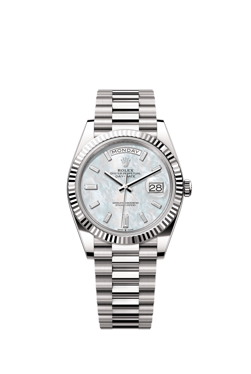 ROLEX DAY-DATE 40MM WHITE GOLD MOTHER OF PEARL DIAMOND BAGUETTE DIAL FLUTED BEZEL PRESIDENT BRACELET 228239