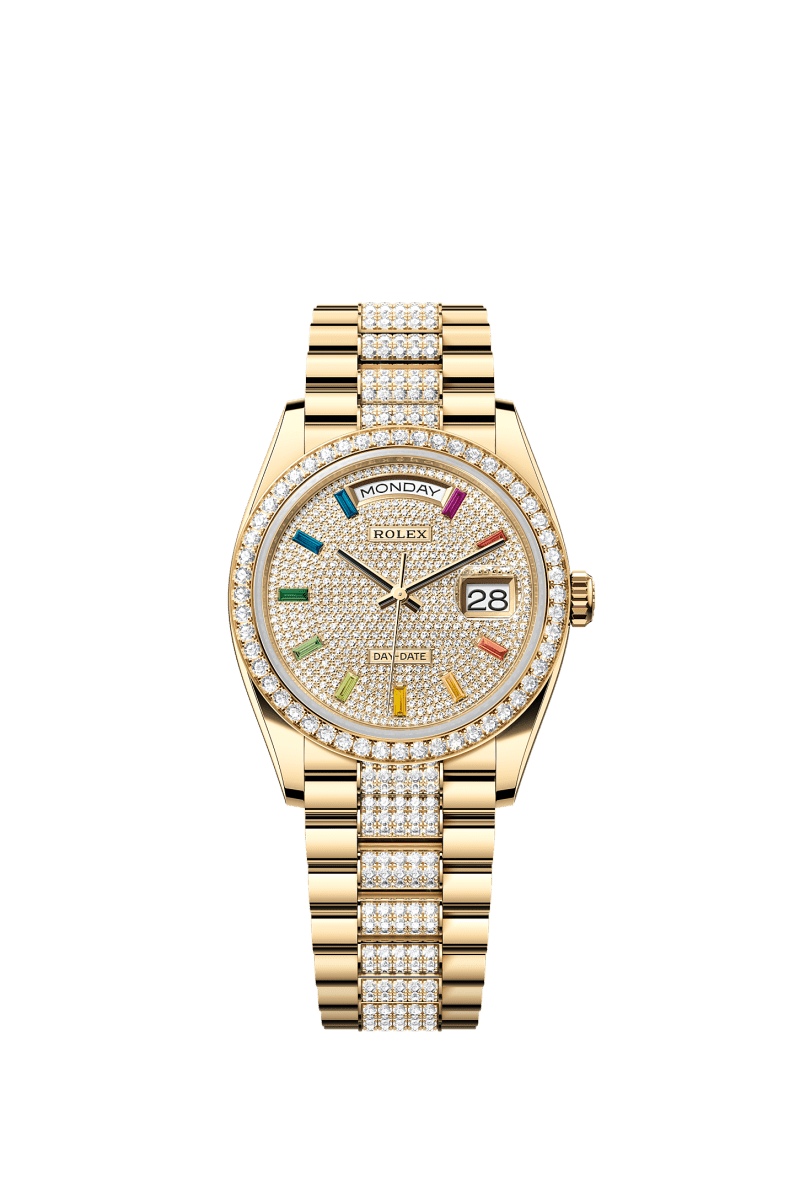 ROLEX DAY-DATE 36MM YELLOW GOLD RAINBOW DIAMOND PAVE DIAL DIAMOND BEZEL DIAMOND-SET PRESIDENT BRACELET 128348RBR