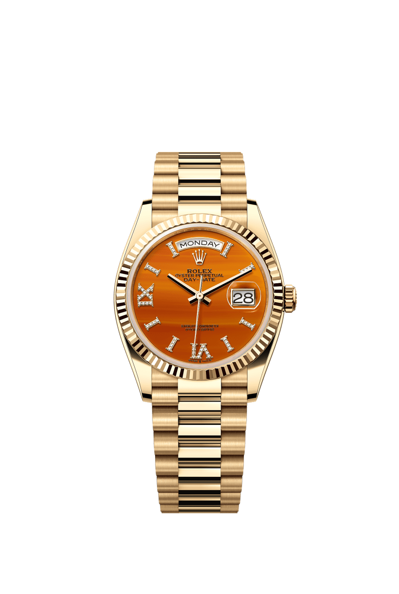 ROLEX DAY-DATE 36MM YELLOW GOLD CARNELIAN ROMAN DIAMOND DIAL FLUTED BEZEL PRESIDENT BRACELET 128238