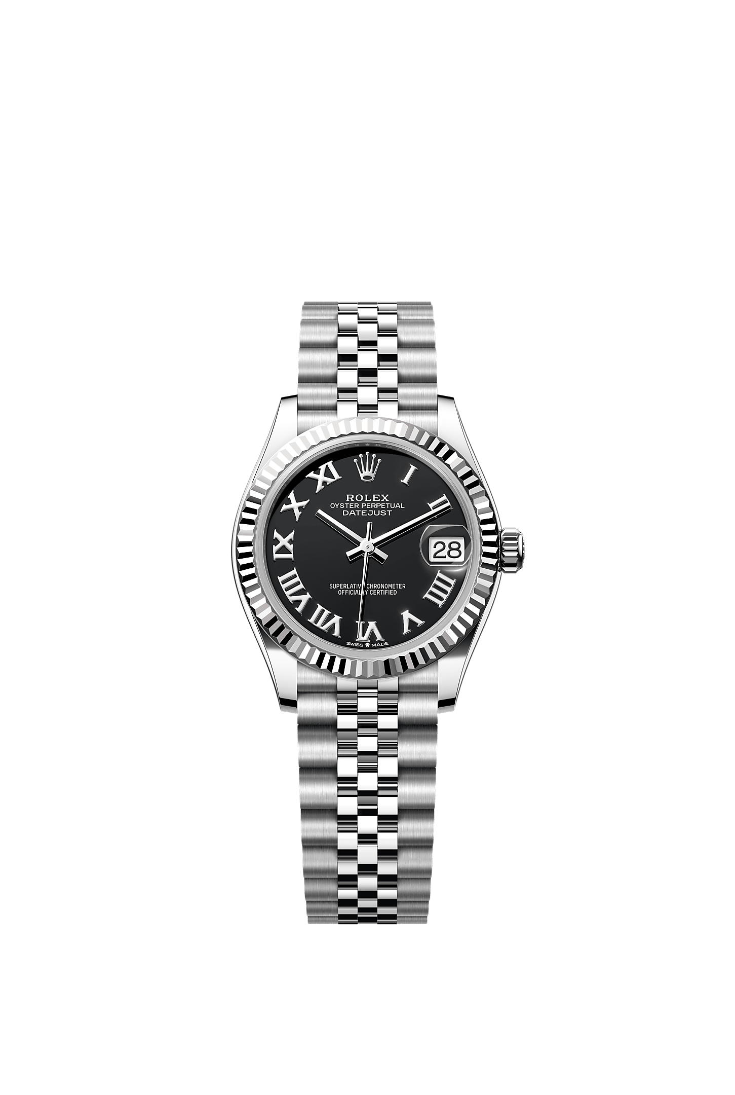 ROLEX LADY-DATEJUST 31MM BLACK ROMAN DIAL FLUTED BEZEL JUBILEE BRACELET 278274