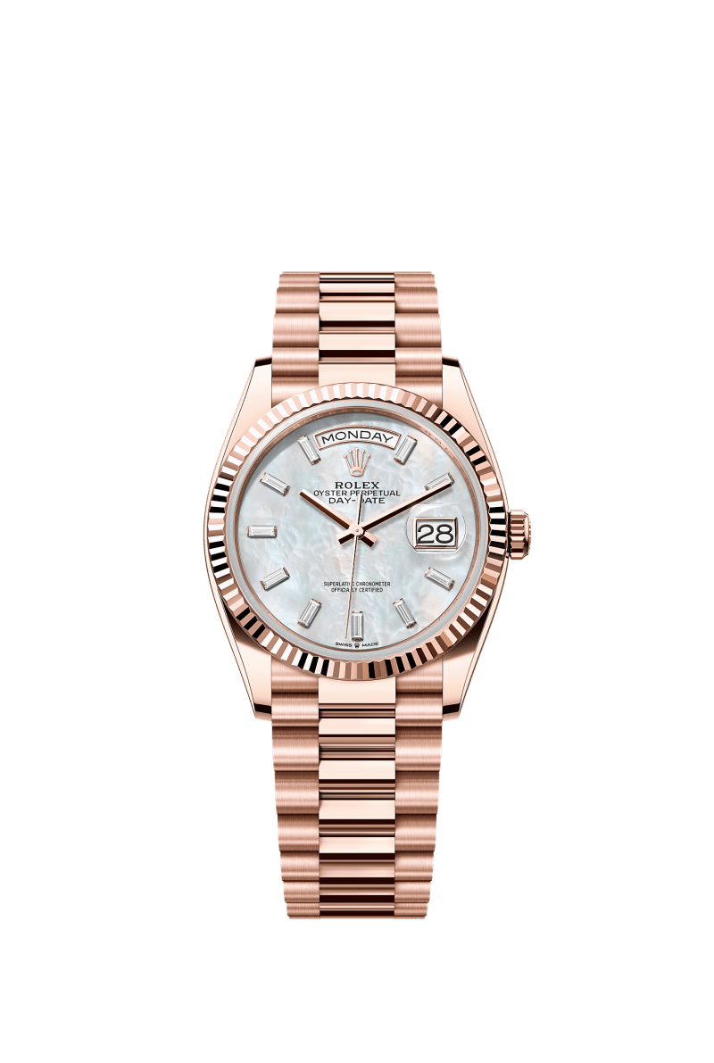 ROLEX DAY-DATE 36MM EVEROSE GOLD MOTHER OF PEARL DIAMOND BAGUETTE DIAL FLUTED BEZEL PRESIDENT BRACELET 128235