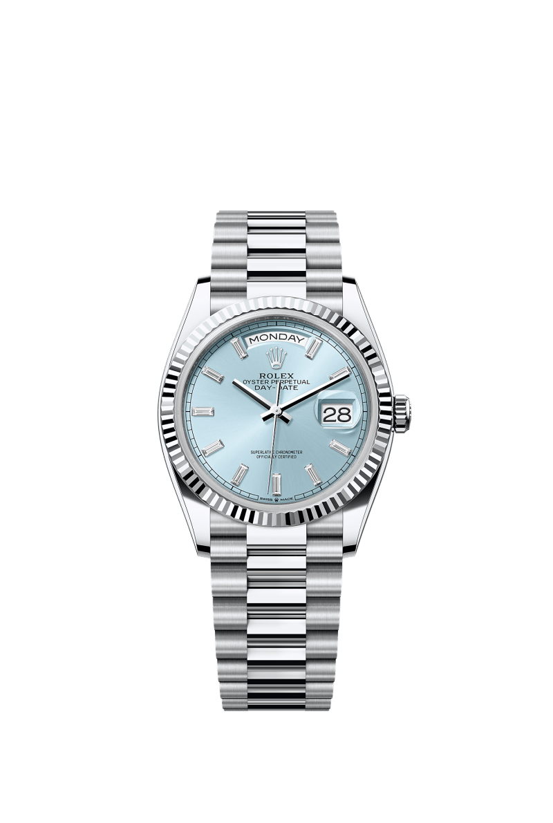 ROLEX DAY-DATE 36MM PLATINUM ICE BLUE DIAMOND BAGUETTE DIAL FLUTED BEZEL PRESIDENT BRACELET 128236