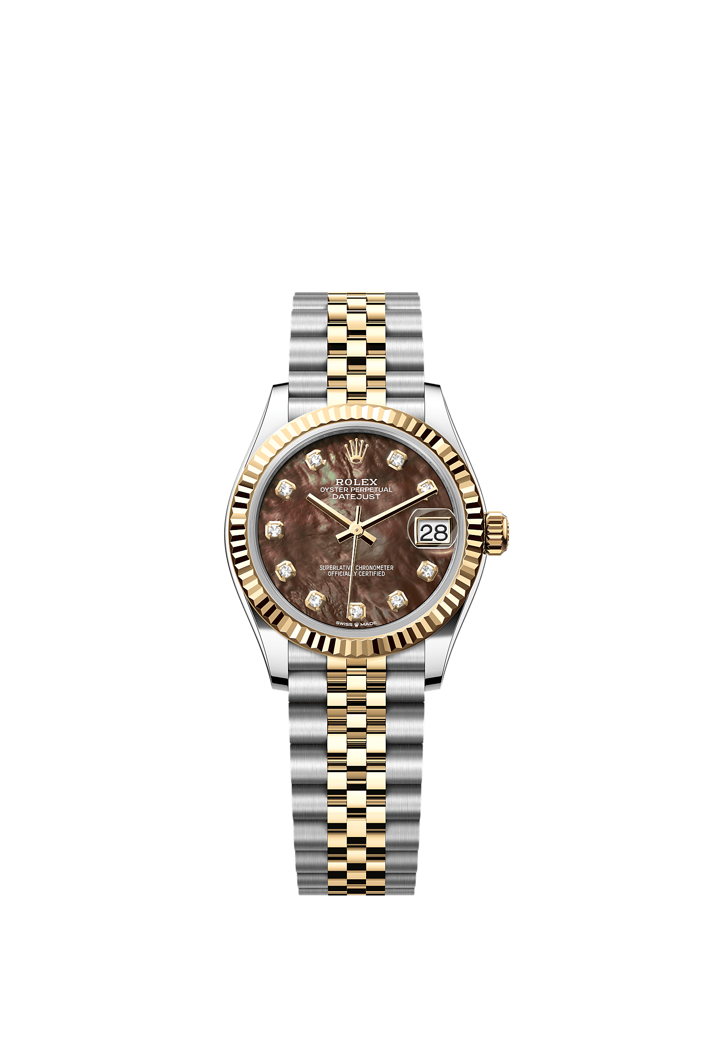 ROLEX LADY-DATEJUST 31MM TWO-TONE YELLOW GOLD BLACK/DARK GREY MOP DIAMOND DIAL FLUTED BEZEL JUBILEE BRACELET 278273