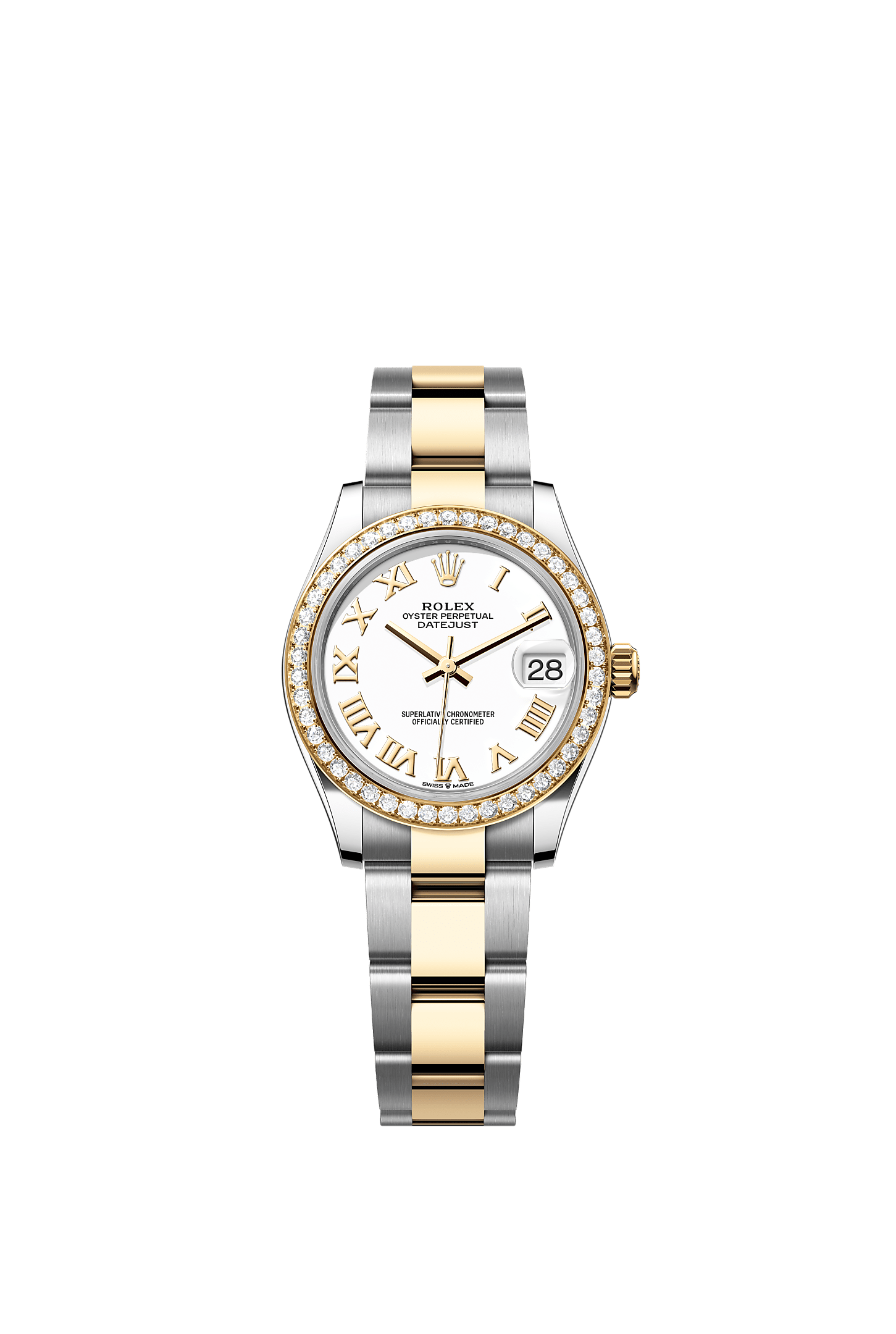 ROLEX LADY-DATEJUST 31MM TWO-TONE YELLOW GOLD WHITE ROMAN DIAL DIAMOND BEZEL OYSTER BRACELET 278273RBR