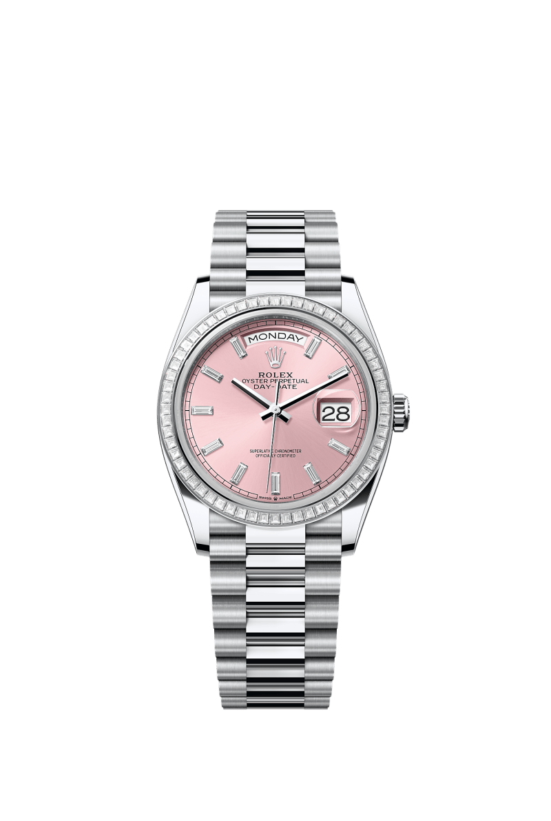 ROLEX DAY-DATE 36MM PLATINUM PINK DIAMOND BAGUETTE DIAL TRAPEZE DIAMOND BEZEL PRESIDENT BRACELET 128396TBR