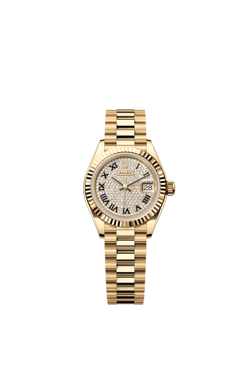 ROLEX LADY-DATEJUST 28MM YELLOW GOLD CHAMPAGNE DIAMOND-PAVED DIAL FLUTED BEZEL PRESIDENT BRACELET 279178
