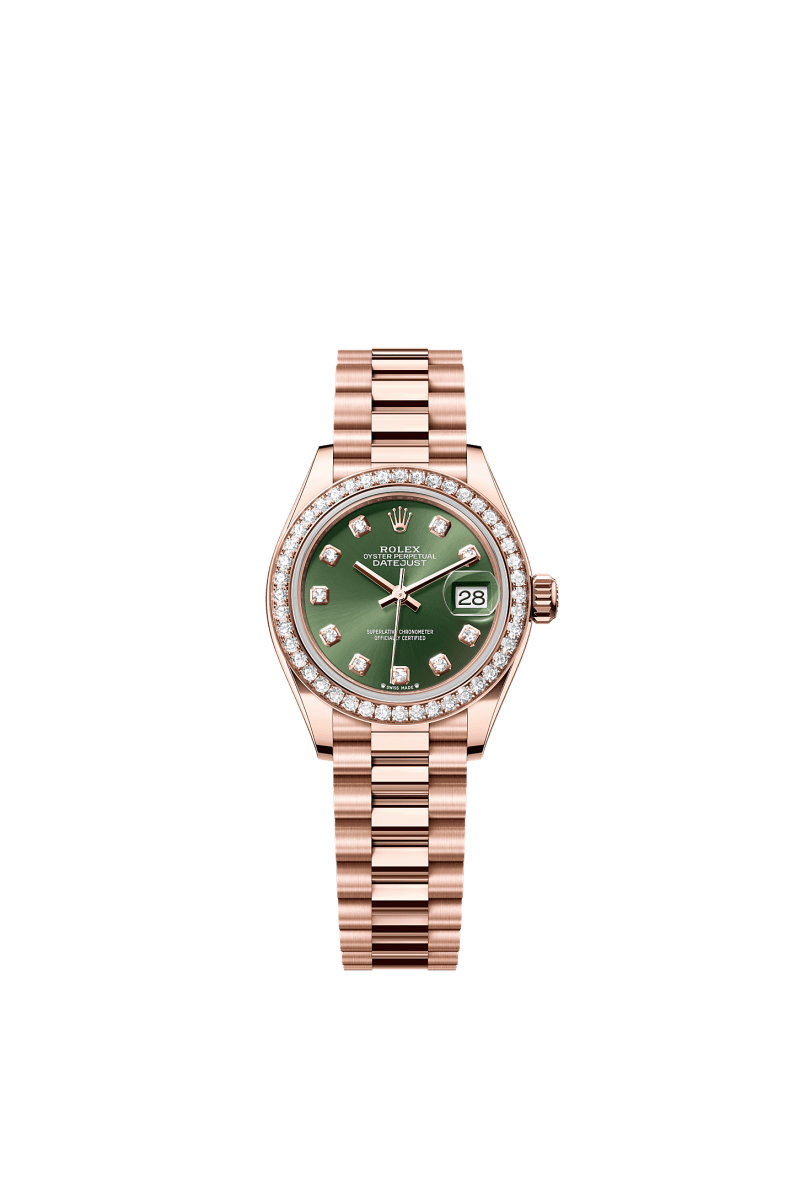 ROLEX LADY-DATEJUST 28MM EVEROSE GOLD OLIVE GREEN DIAMOND DIAL DIAMOND-SET BEZEL PRESIDENT BRACELET 279135RBR