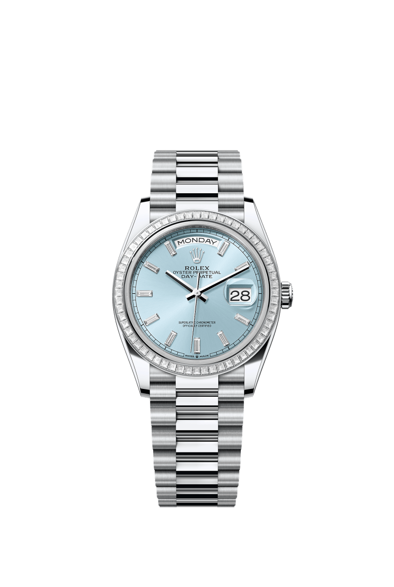ROLEX DAY-DATE 36MM PLATINUM ICE BLUE DIAMOND BAGUETTE DIAL TRAPEZE DIAMOND BEZEL PRESIDENT BRACELET 128396TBR