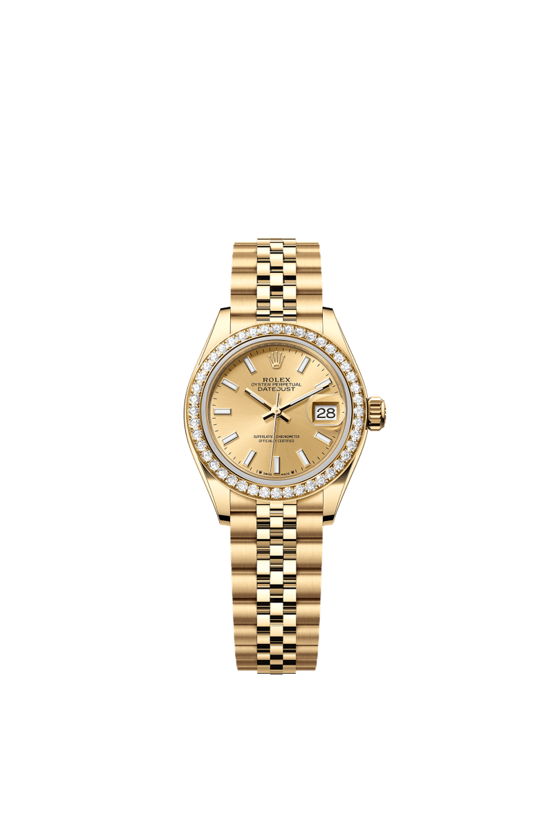ROLEX LADY-DATEJUST 28MM YELLOW GOLD CHAMPAGNE INDEX DIAL DIAMOND-SET BEZEL JUBILEE BRACELET 279138RBR